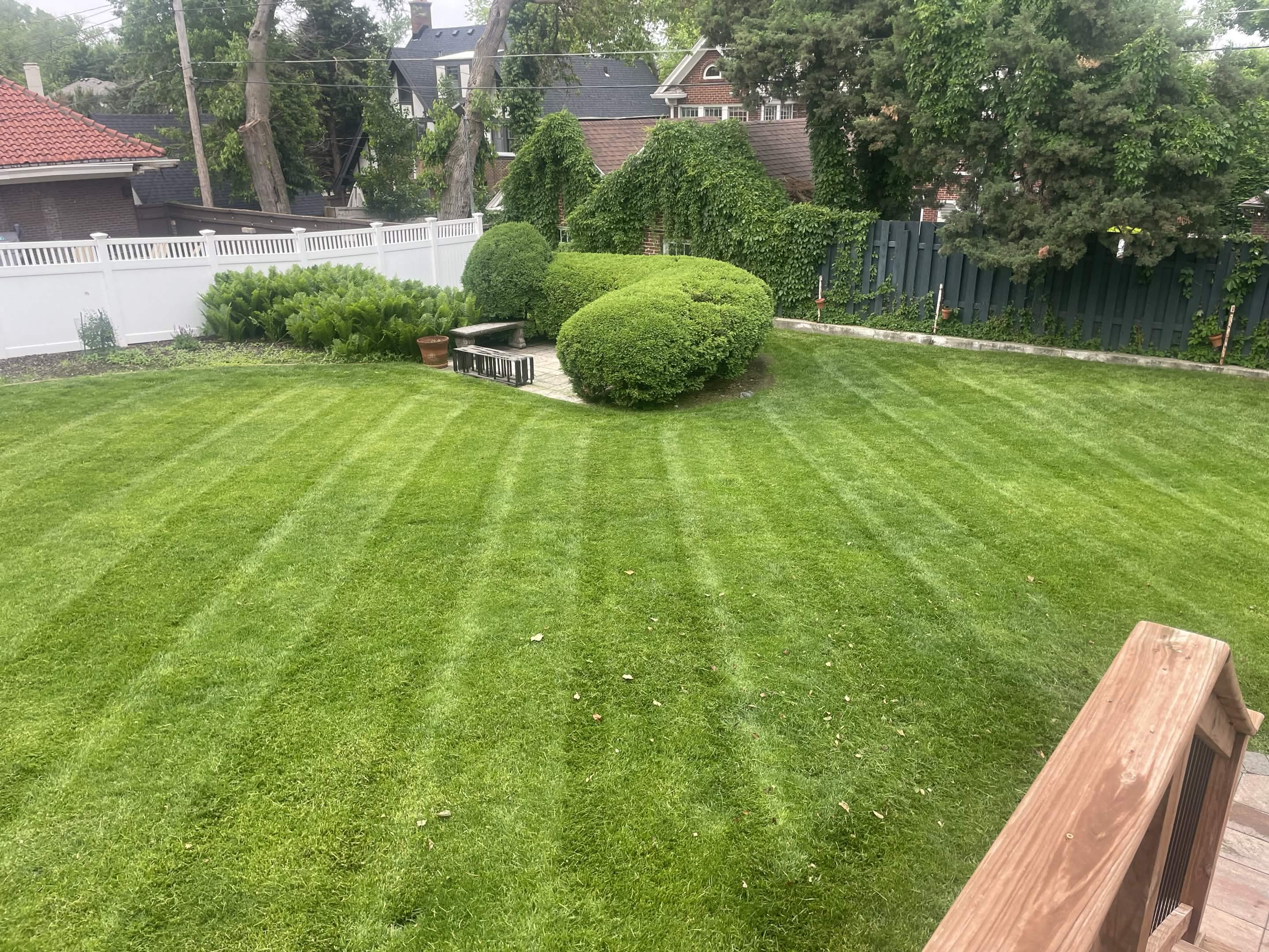 Striped lawn and landscaped backyard by A&M Lawn Care